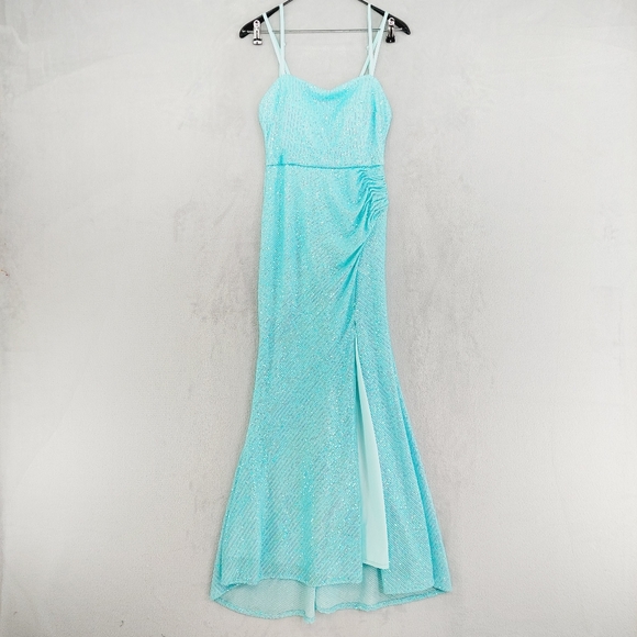 New MORGAN & CO. Aqua Marine Spaghetti Straps Evening/Cocktail Maxi Dress P6106 - Picture 2 of 12